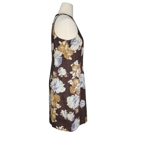 Boston Proper 100% Linen Floral Mini Dress 10 Brown High Neck Sleeveless Beach - Picture 8 of 12